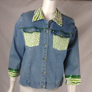 Haven Bleu Denim Jacket Blue Green Sequin Sz L